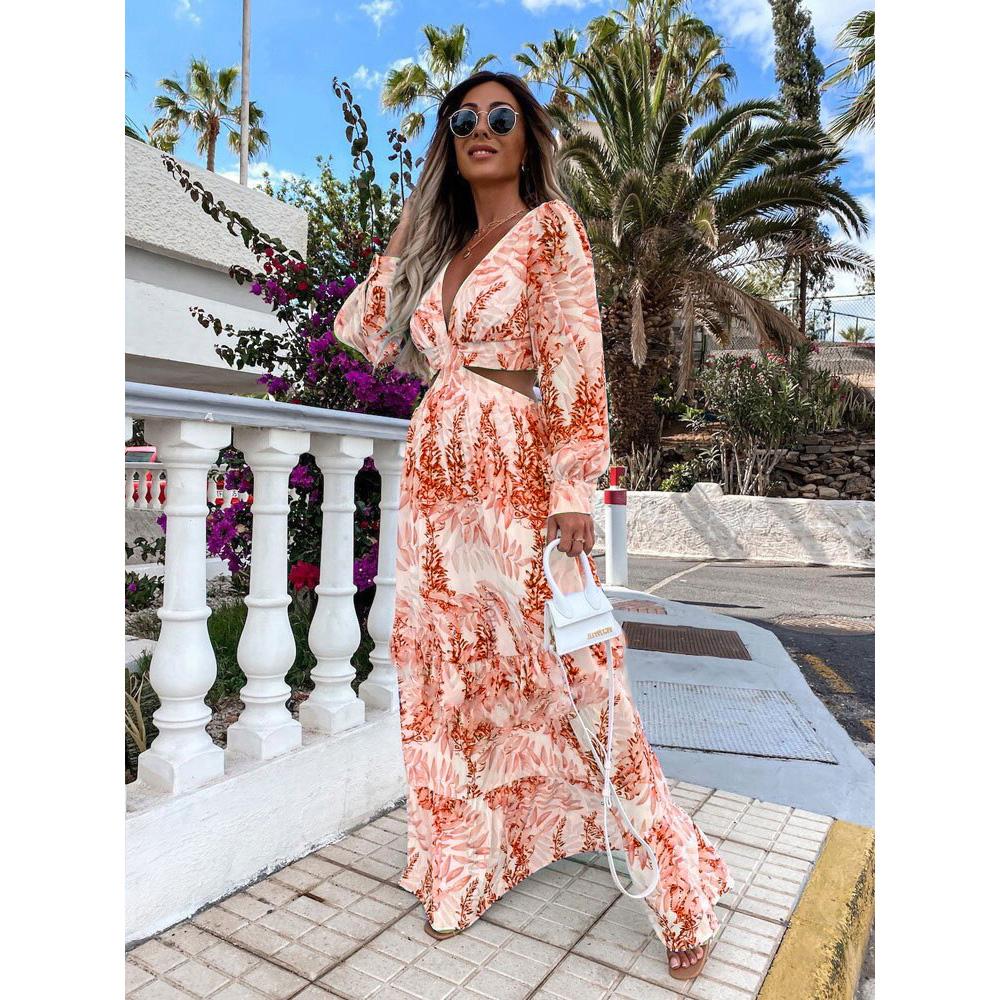 Spring Long Dress Fashion Print Sexy Deep V-neck Long Sleeved Dress Women's Elegant Hollow Out Ruffle Spliced Maxi Dress