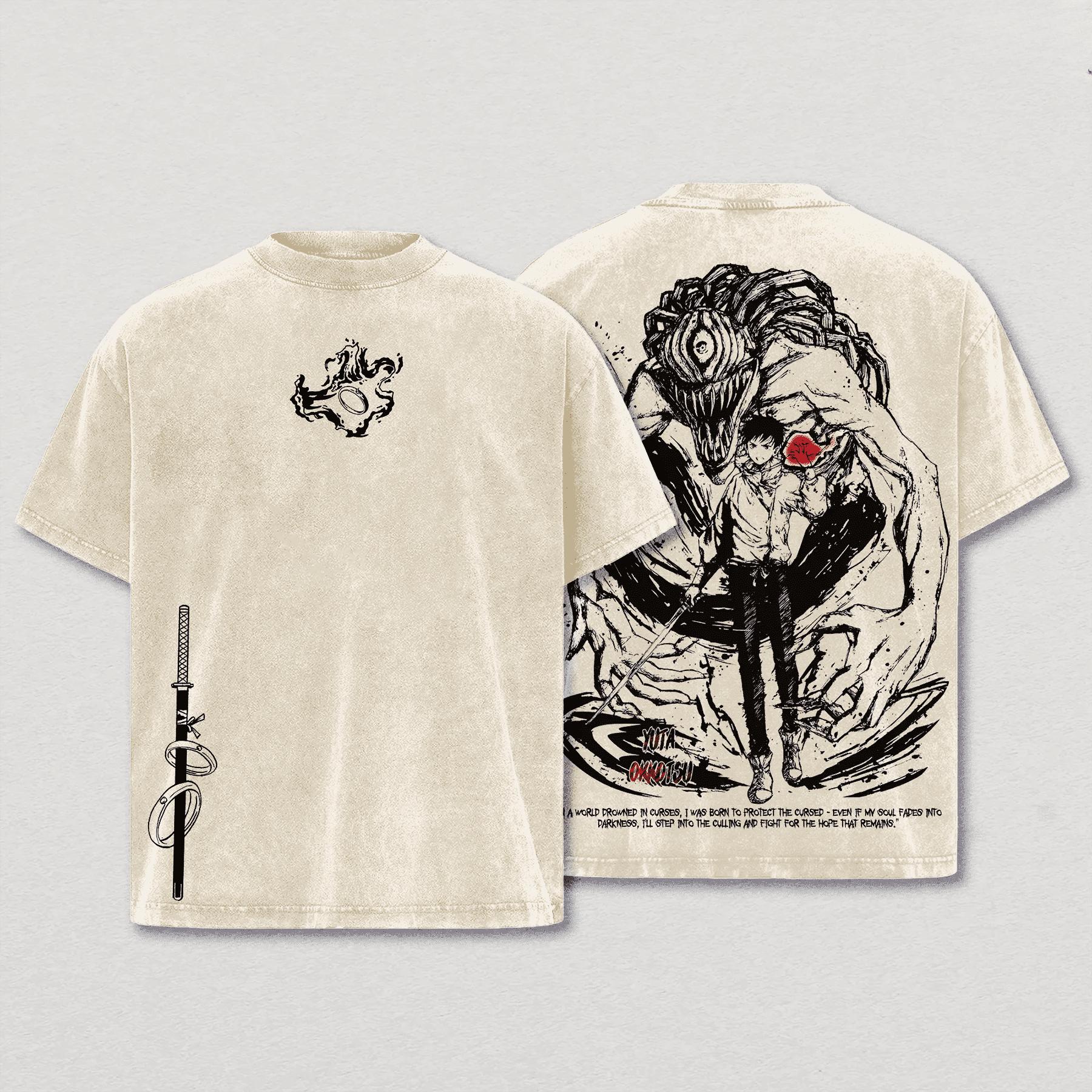 

Jujutsu Kaisen Okkotsu Yuta T-shirt Anime Vintage Washed Tshirt Summer Short Sleeve Casual Cotton Tee Shirt Tops Men Clothing XXL бежевий