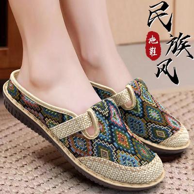 Shoes Shallow Mouth Women's Shoes Half Drag Linen Mother Canvas Single Shoes Soft Sole Summer Breathable