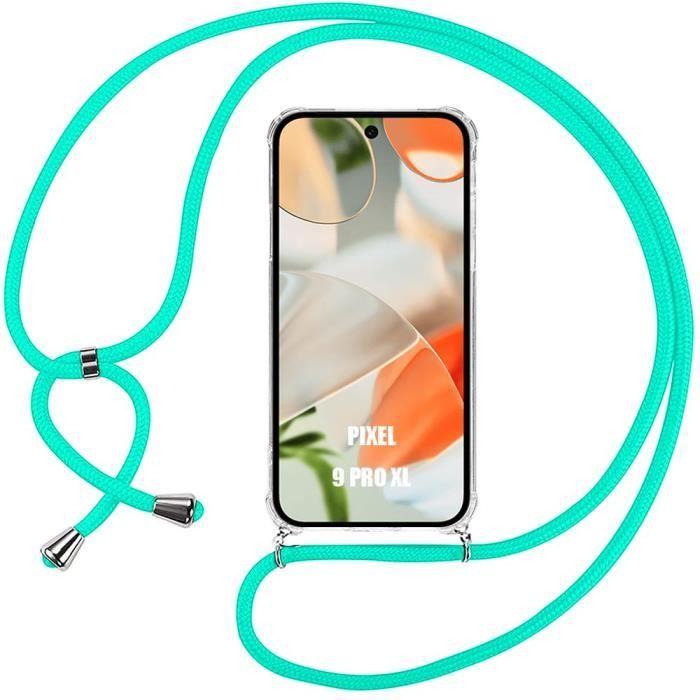 Coque Cordon pour Google Pixel 9 Pro XL - Silicone Antichoc Transparent + Cordon Turquoise