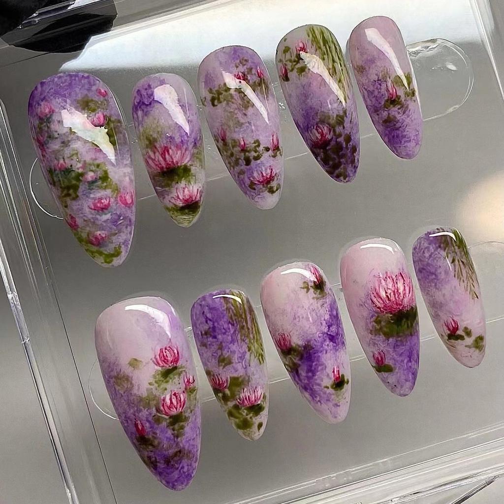24 Pieces Summer New Products Wear Nail Lotus Smudge Nail Art Short Almond Fake Nails Fake Nails