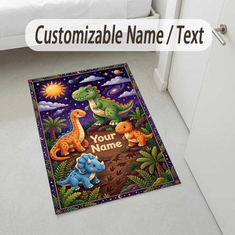 Dinosaur Theme Crystal Velvet Rug Personalized Custom Name Text Soft Floor Mat Home Decor