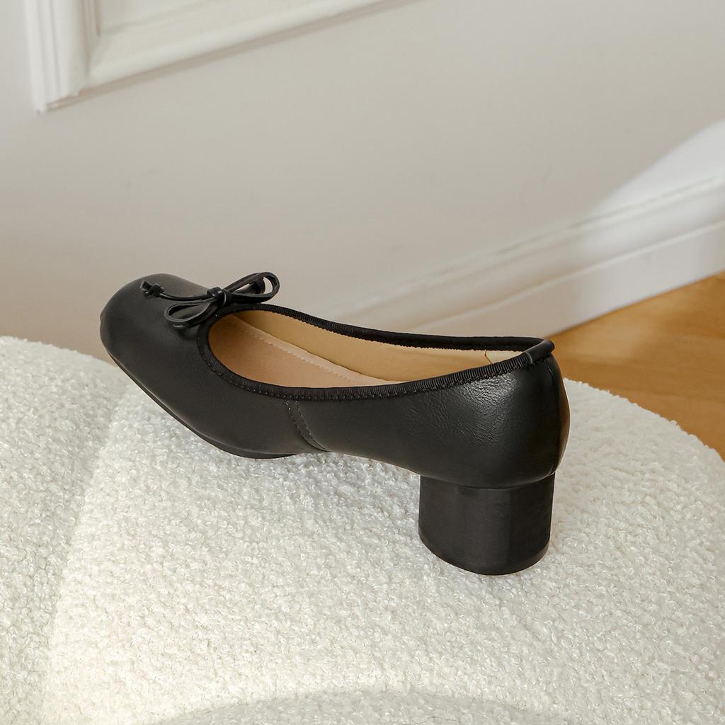 Bow Ballet Single Shoes Leather Mary Jane Shoes Thick Heel High Heels High Sense Shallow Mouth Ballet Shoes