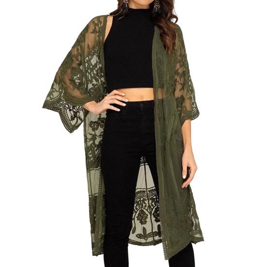 Women Cardigan See-through Thin Lace Embroidery Three Quarter Sleeve Solid Color Mif Length Loose Open Stitch Lady Beach Vacation Cover Up