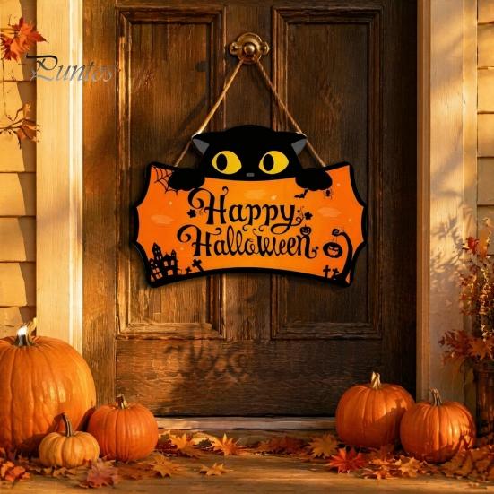 Halloween Yard Hanging Signs Wooden Door Plaque, Printed Black Cat Pumpkin Castle Spider Web Front Creative Gifts Sign, Waterproof Ornament for Indoor