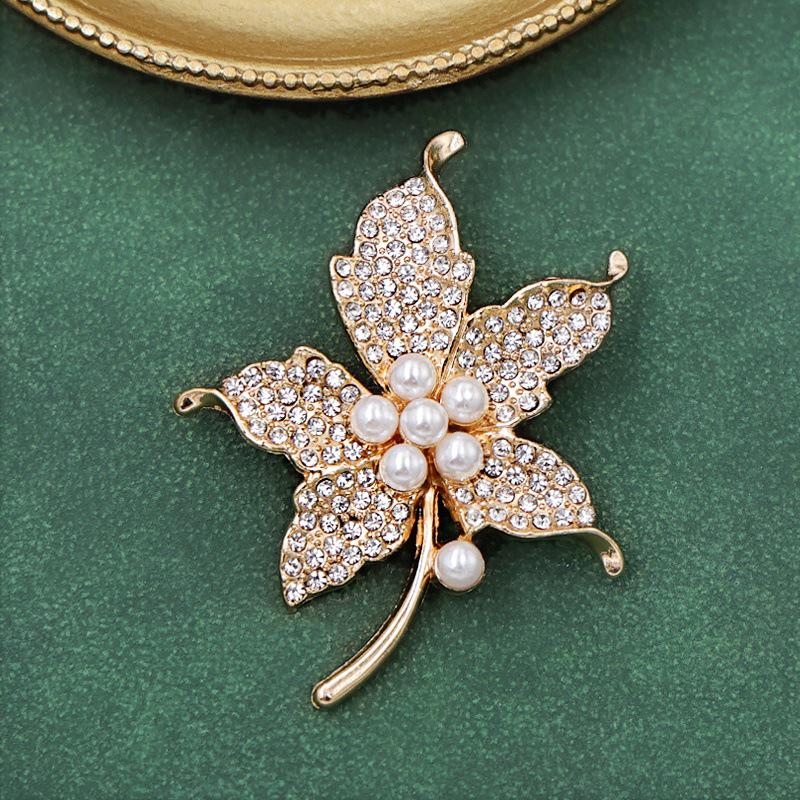 Elegant Pearl Rhinestone Maple Leaf Brooch - High-End Women's Clothing Pin and Corsage