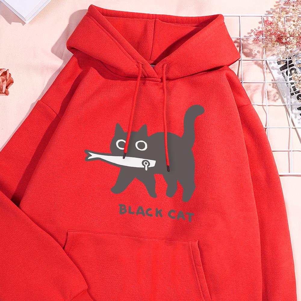 Fun A Black Cat Eating Fish Hoody Men Women Harajuku Fashion Sweatshirt Loose Oversized Streetwear Fleece Warm Couple Hoodies