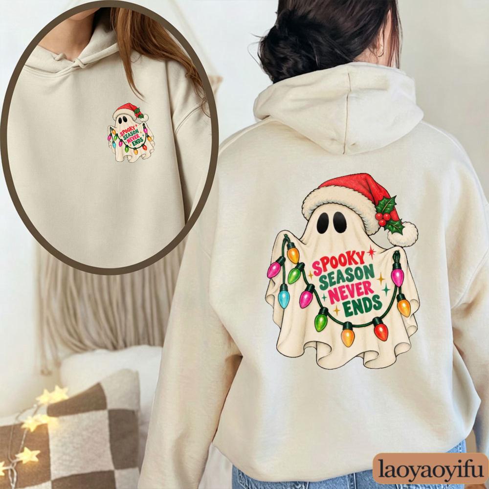 Women Hoodie Spooky Season Never Ends Ghost Christmas Lights Santa Hat Funny Graphic Pullover Sweatshirt Casual Halloween Top
