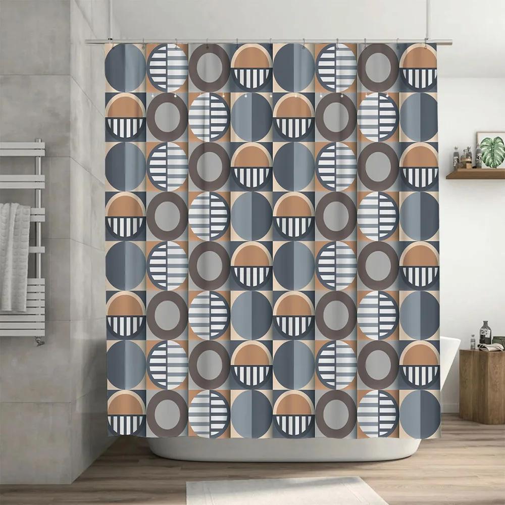 Modern Round Geometric Design Shower Curtain  for Bathroom Decor in Blue Gray Brown Color 3D Printed Fabric Material with Ant
