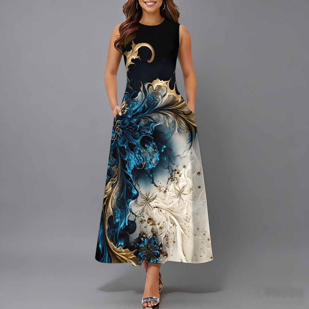 Ladies Plus Size Sleeveless Round Neck Dress Charming Cluster Floral Flowy Calf Length Dress