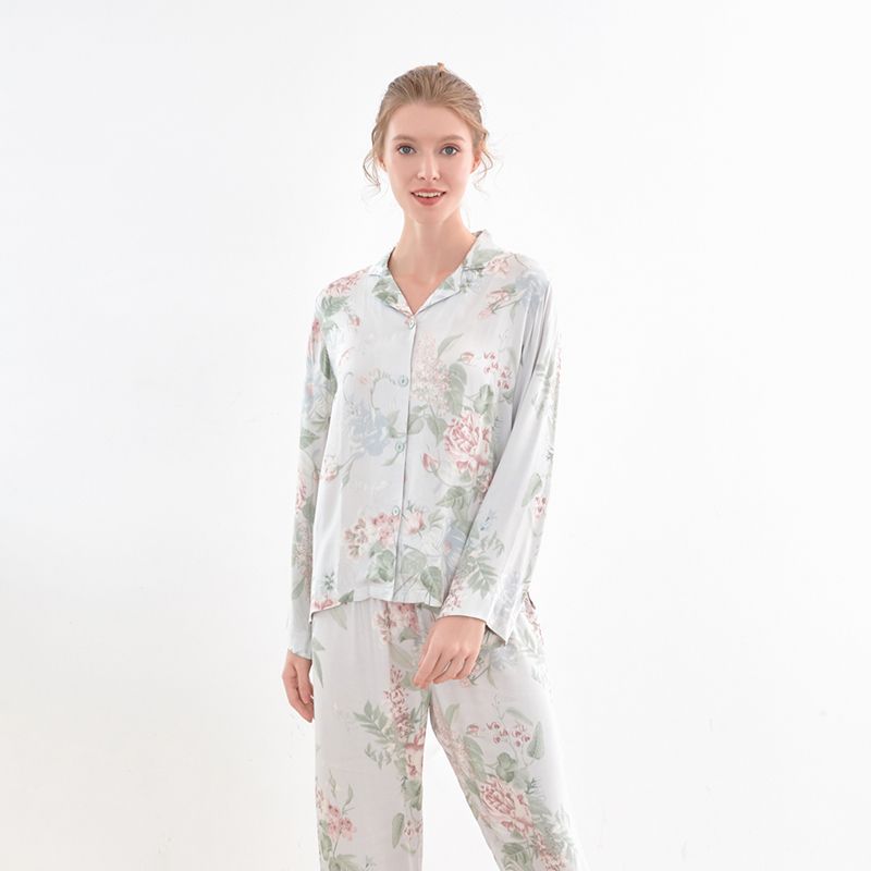 Retro Floral Pajamas Set Women's Summer Silky Rayon Cotton Silk Tribute Satin Long Sleeve Trousers Home Wear Set Women