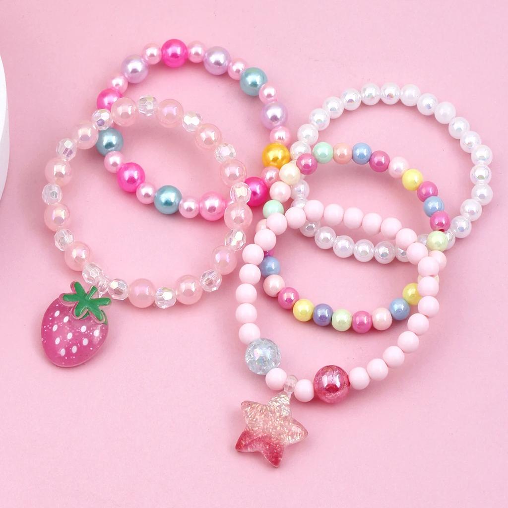 b58 5Pcs/set Cute Personality Strawberry Pentagram Pendant Pink Series Beaded Bracelets Suitable Holiday Parties Birthday Gift