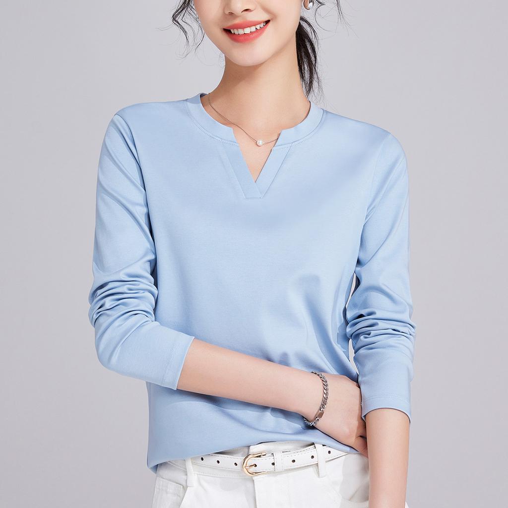High-quality Half-open Mercerized Cotton Long-sleeved Women's Spring and Autumn Liquid Ammonia Slim-fitting Outer Wear Inner Bottoming Shirt Top