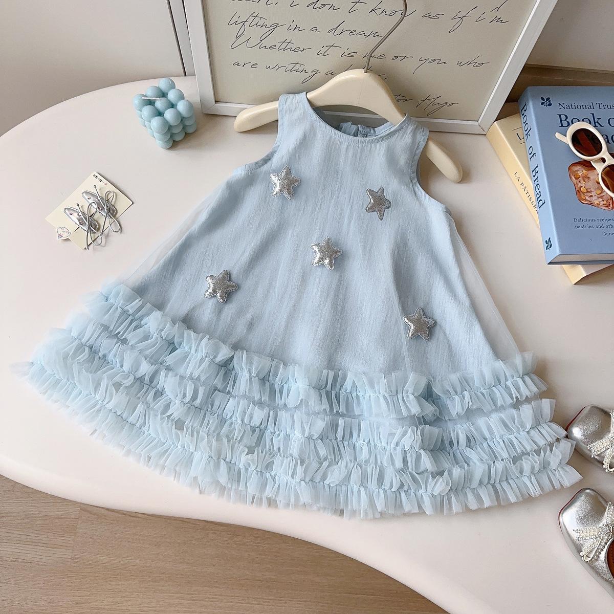 Girls Sleeveless Star Tulle Cake Dress Children Princess Party Gown Kids Summer Layered Mesh Vest Dress 90cm