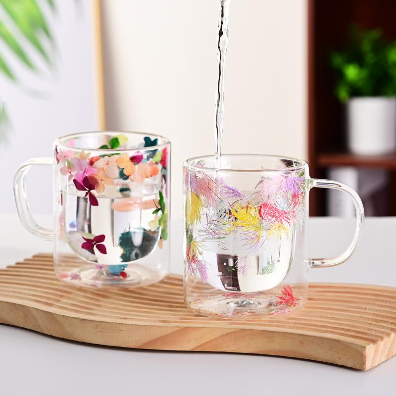 Export Double Cup Real Flower Dried Flower High Borosilicate Glass High Value Milk Cup Juice Cup Coffee Cup