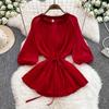 Spring Summer Women Pleated Two Piece Set Elegant V-Neck Draped Chiffon Blouse + High Waist Wide Leg Pants 2Pcs Suit Female New