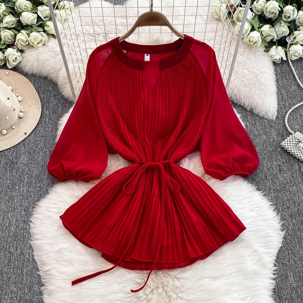 Spring Summer Women Pleated Two Piece Set Elegant V-Neck Draped Chiffon Blouse + High Waist Wide Leg Pants 2Pcs Suit Female New