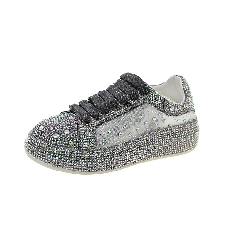 

Fashion 4cm Women Sneakers Summer Mesh Lace-Up Casual Working Shoes Wearing Shoes High Brand Platform Wedge Bling Crystal Outside 35 серый