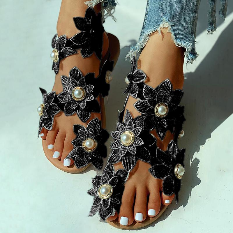 New Summer Ladies Shoes Women Sandals White Floral Flat Sandals Women Bohemian Casual Beach Shoes For Woman