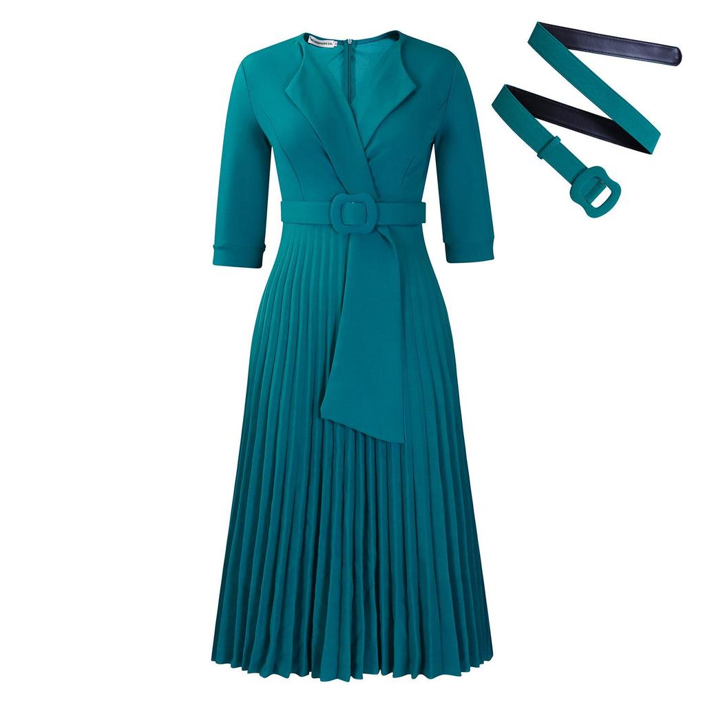 L51 Women's Suit Collar Tie-Waist Pleated African Dress