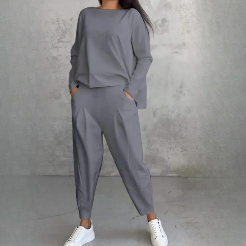 

Весенне-осенний женский повседневный костюм, однотонный, с круглым вырезом, с длинными рукавами, женские брюки с карманами, женские брюки XXXL серый