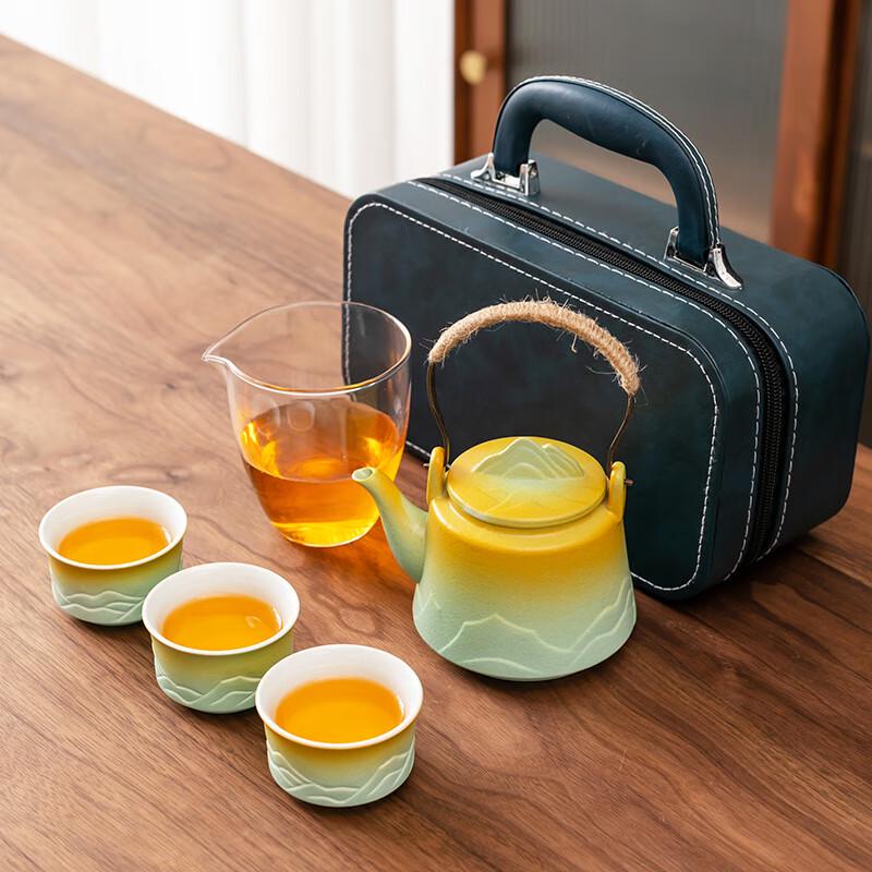 AIQIYIXUAN Portable Ceramic Travel Tea Set 1 Pot, 3 Cups, Glass Fair Cup, Blue Bag