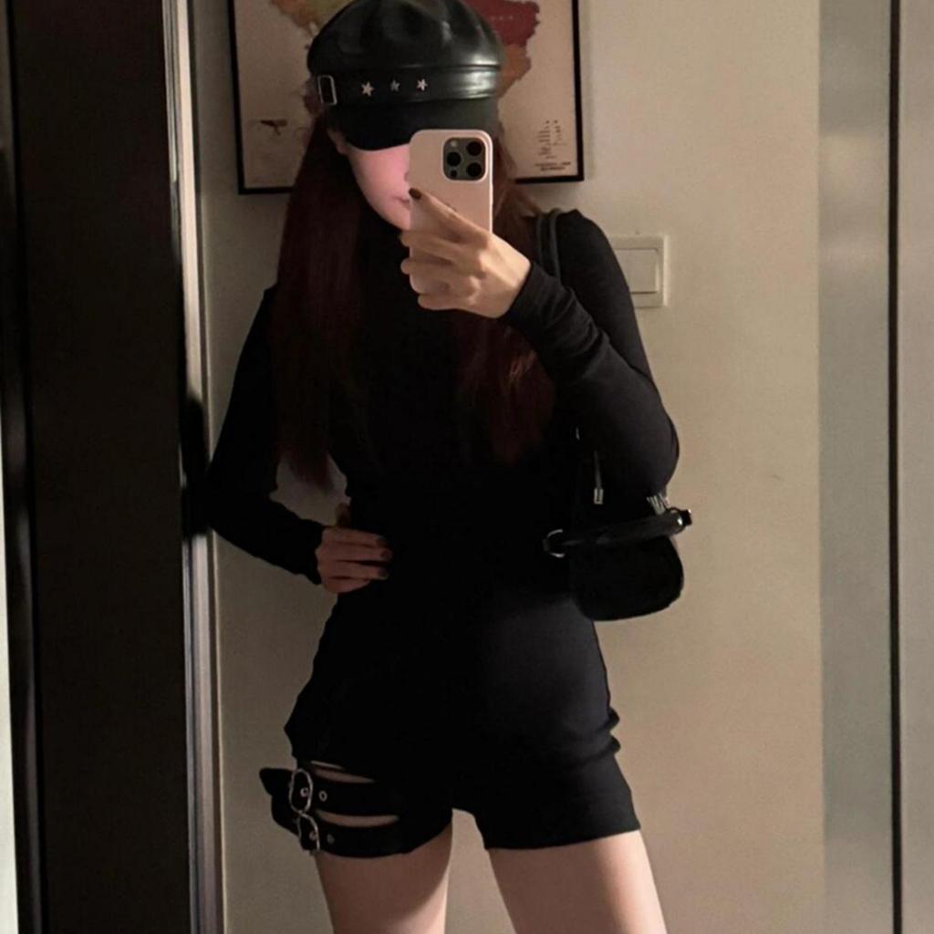 Design-Focused Secret Agent Black Long-Sleeve Bodysuit T-Shirt