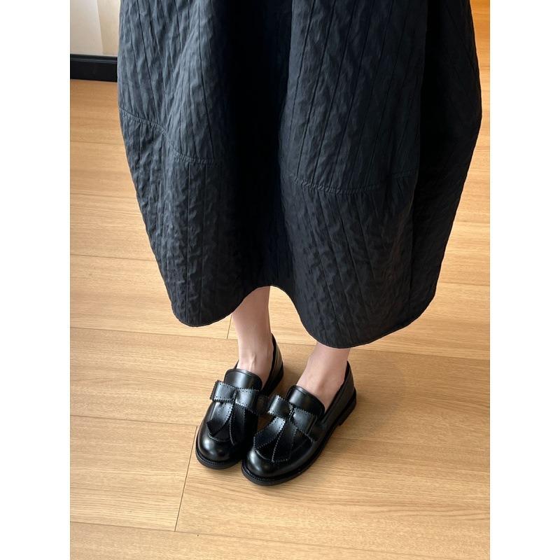 Cowhide Version~ Round Head Bow One Pedal Retro College Single Shoes Low Heel Small Leather Shoes Women