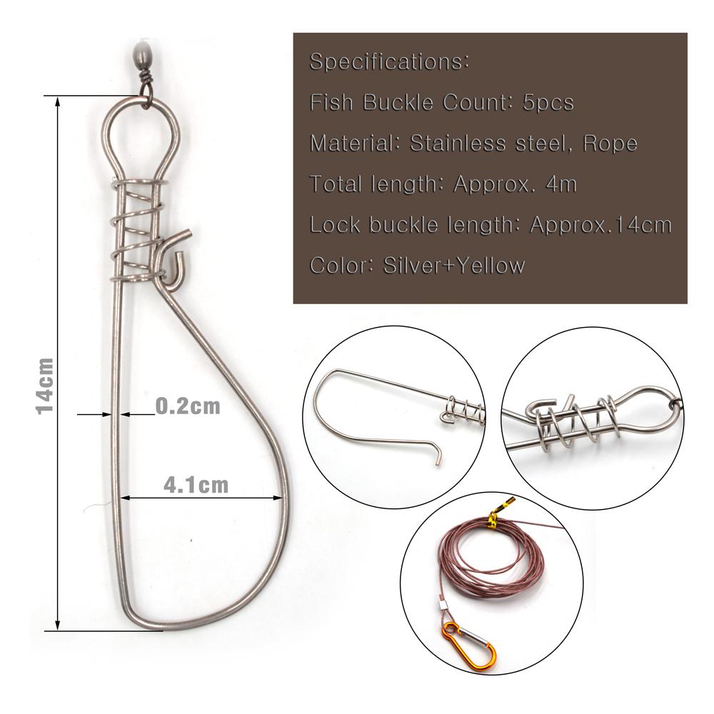 MNFT 1Set 5 Snaps Stainless Steel Fishing Stringer Live Fish Lock Steel Ropes Large Fish Lock w/Float and Plastic Handle