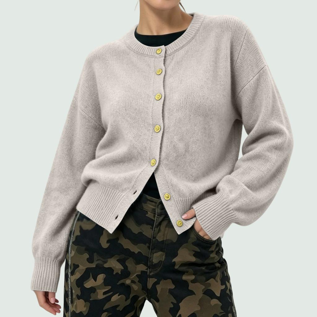 Women's Color Single Breasted Long Sleeve Round Neck Casual Knit Cardigan