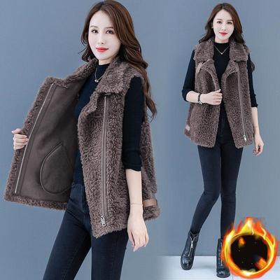 Women's Lamb Fleece Vest Coat Autumn and Winter Keep Warm Korean Fashion Fleece Thickening Fur In One Vest Retro Solid Color