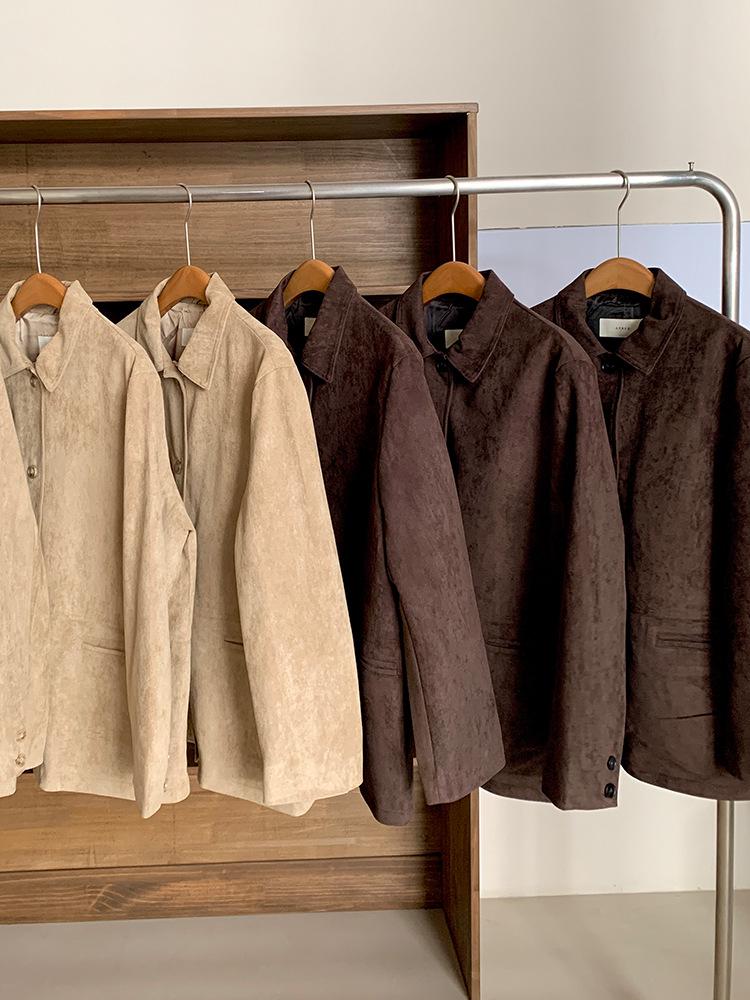 In-Stock Suede Lapel Jacket - Korean Style, Mid-Length, Khaki, Autumn Retro, Loose Fit