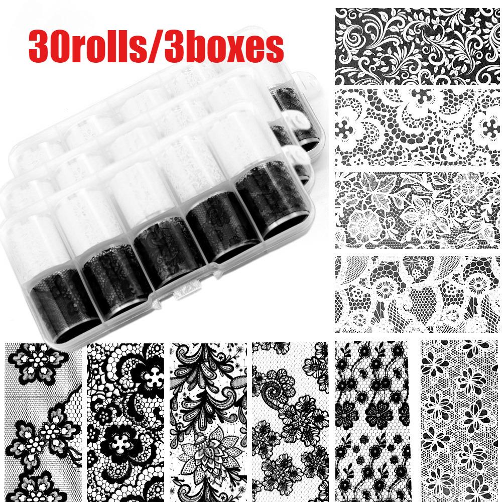 10/20/30Rolls 2.5cm Black White Lace Transfer Foil New Nail Art Sexy Full Wraps Flower Glue Adhesive DIY Manicure Styling Tools