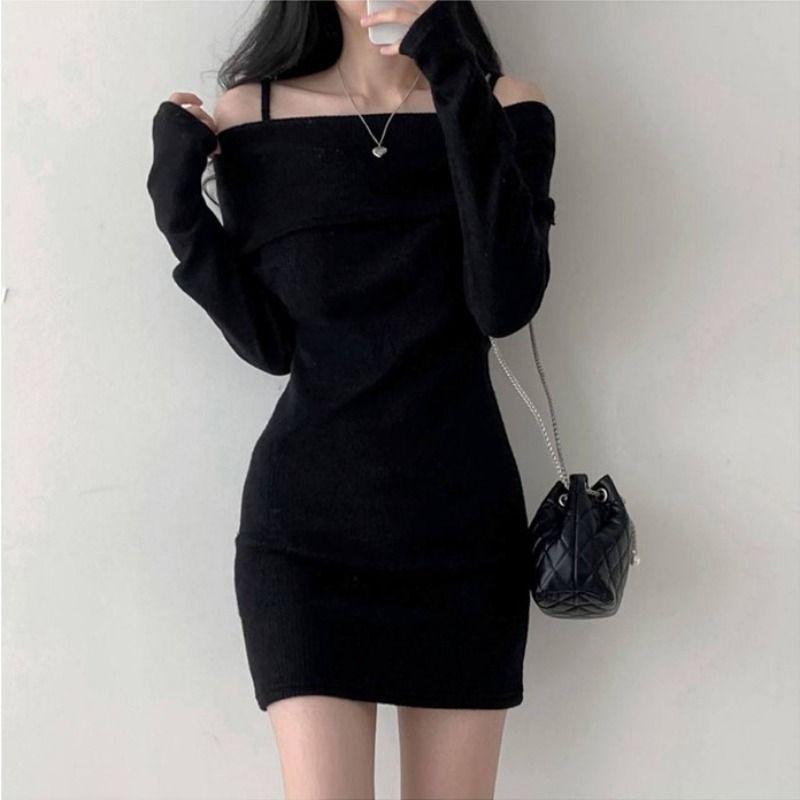 Knitted Long Skinny Shoulder Winter [RREMN] Dress, Sleeves, Fit, Mini, Lightweight, Off-Shoulder, Women's, Straps, Spring, Fall, (JP, Alphabet, L,