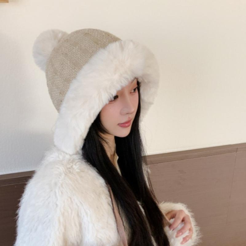 Plush Hat Lady Winter Big Head Circumference Bucket Hat Warm Mongolian Hat Cute Hairball Hat