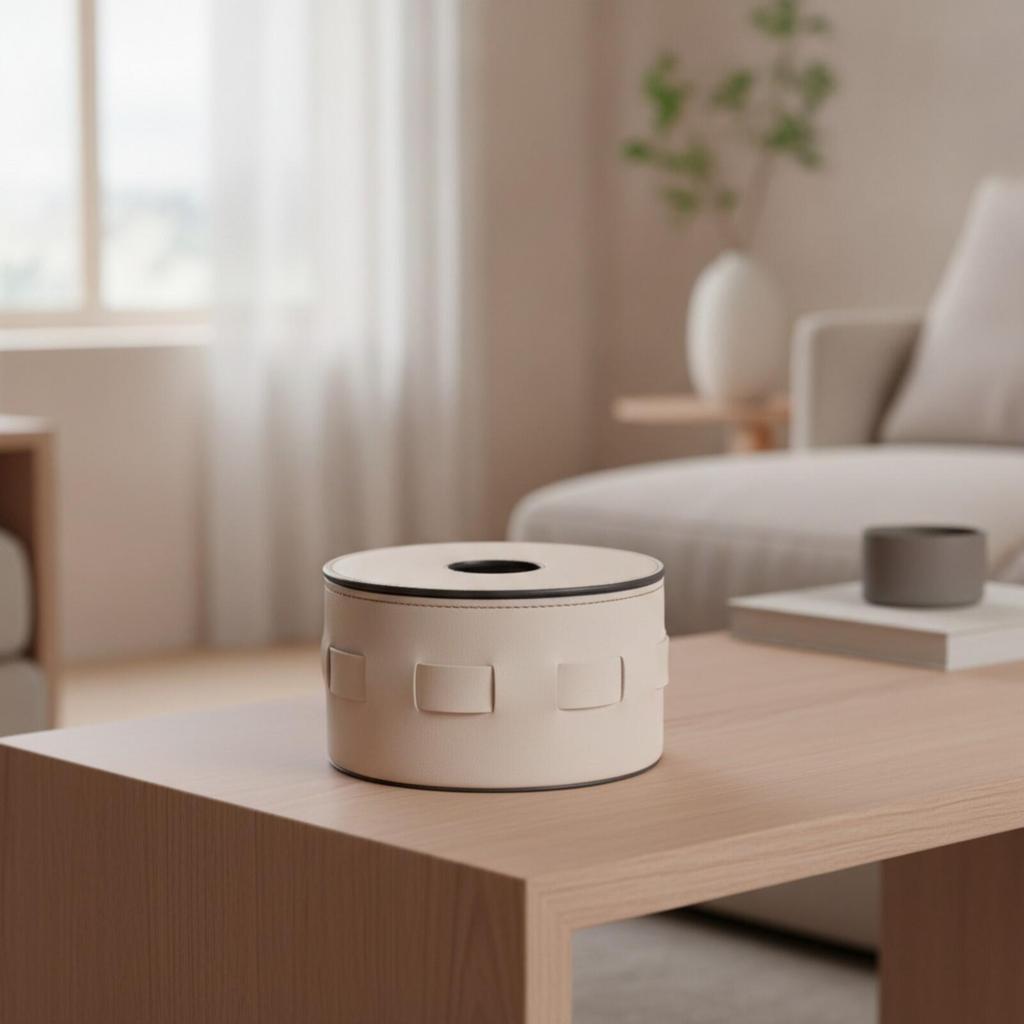 Half-PU Leather Tissue Box Versatile Cylindrical Tabletop