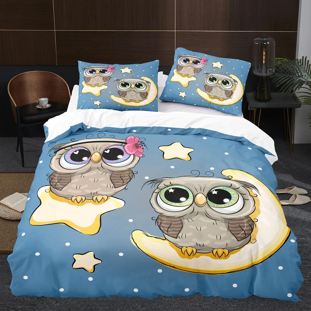 Owl Duvet Cover Set 3D Safari Wildlife Print Comforter Cover Bird Animal Personalized Nighthawk Queen Size Polyester Quilt Cover