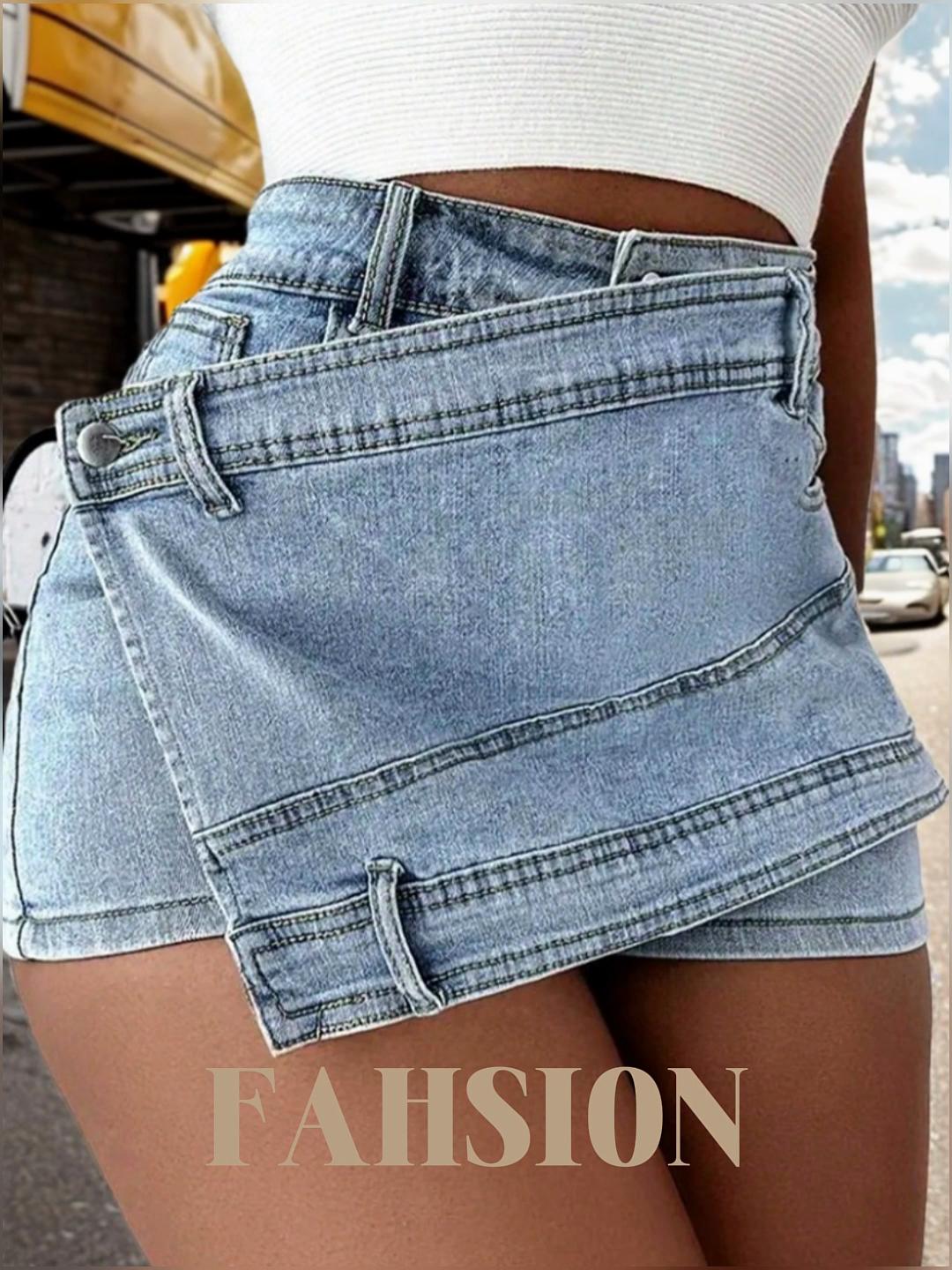 

Rose Beauty A Rave Y2K Street Вінтаж з перекриттям на талії Суцільний асиметричний поділ А-силуету Еластичні вузькі джинси карго Міні-шорти Музичний фестиваль XXS синій