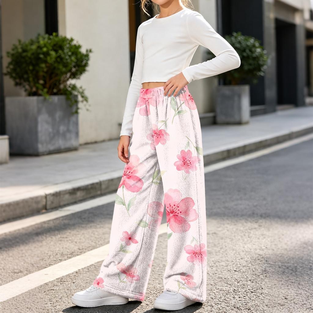 Fashionable Girls' Flannel Warm Loose Printed Pants