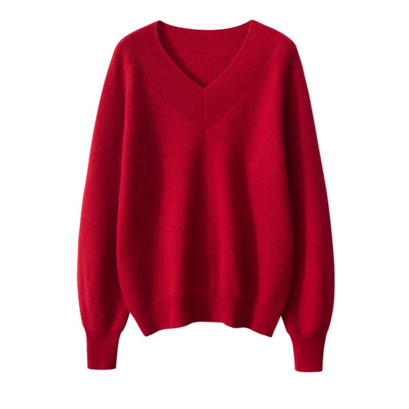 Autumn/Winter 2026 Coin Stitch V-neck Cashmere Sweater for Women - Loose, Slimming, Lazy Style Knit Base Layer