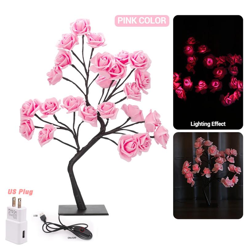 Pink Rose Flower Tree Lights 24LED USB Charge Table Lamp Fairy Night Light Home Party Christmas Wedding Bedroom Decoration Gift