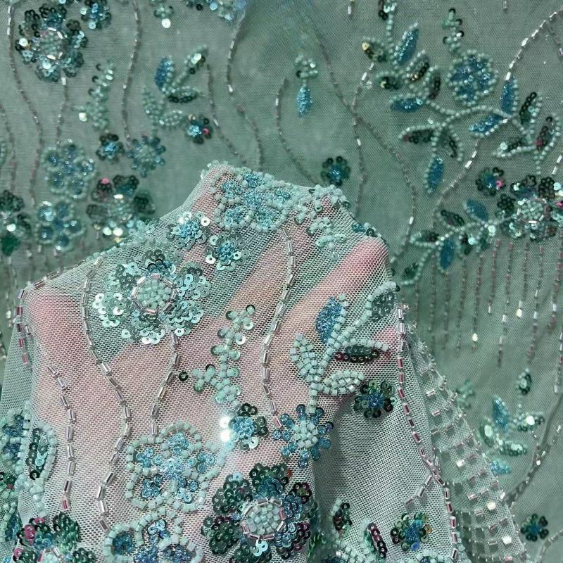 1 Yard Sequins Geborduurd Kantstof Diamanten Franje Bruidsjurk Materiaal Elegante Kralen Sequins Kantstof voor Kleding