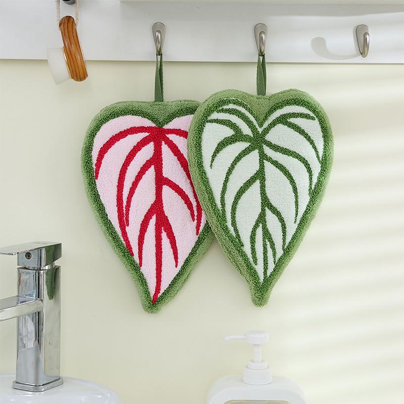 Leaf-Shaped Hanging Hand Towel Soft Coral Fleece Tea Towels Super Absorbent Bath & Kitchen Towel Decorative Towels Home Decor