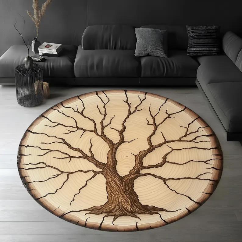 Natural Woodland Charm Tree Ring Pattern Round Rug Wood Log Floor Mat Trunk-Inspired Carpet Decorative Wood Crack Design Room