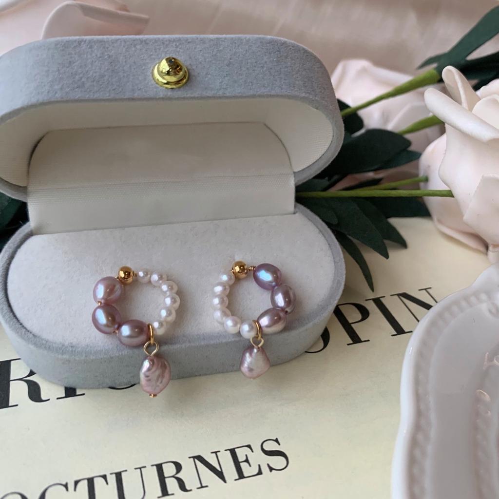 Sense of Design Natural Baroque Pearl Purple Silver Stud Earrings French-style versatile and unique asymmetrical design