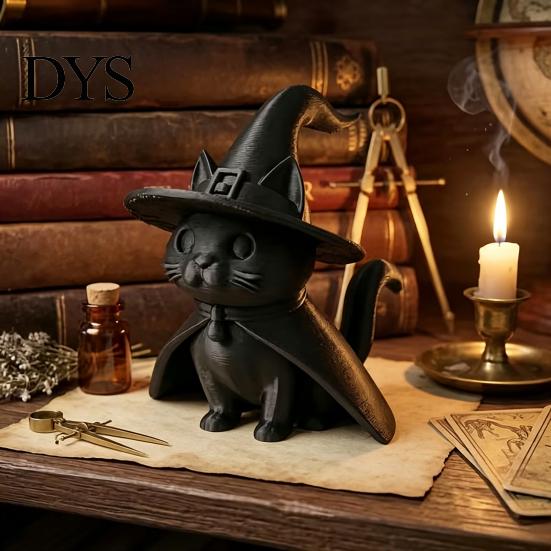 Small Sculpture for Study Room Gothic Witch Hat Black Cat Figurine, 3D Printed Wizard Cloak Kitten Versatile Soft Furnishing Statue, Spooky