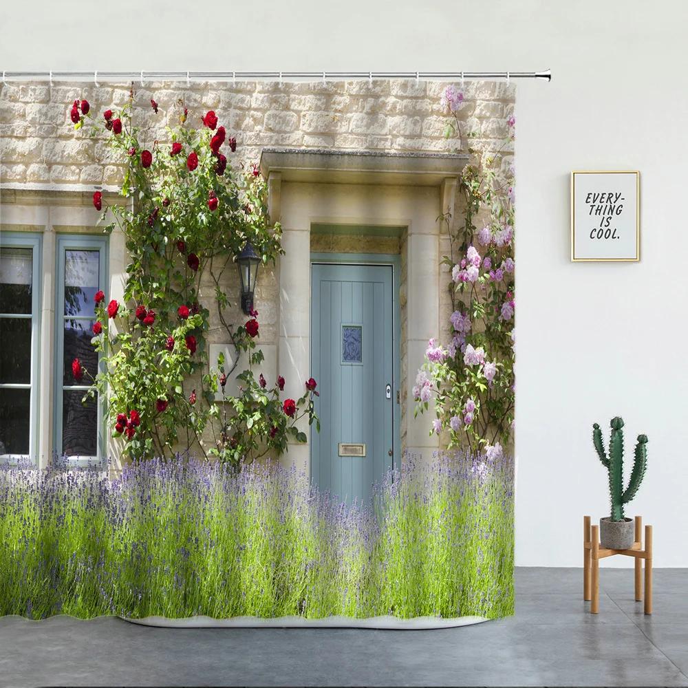 Flowers Plant Scenery Shower Curtains Set Floral Green Leaf Landscape Garden Wall Decoration Bathroom Decor Screen With Hooks