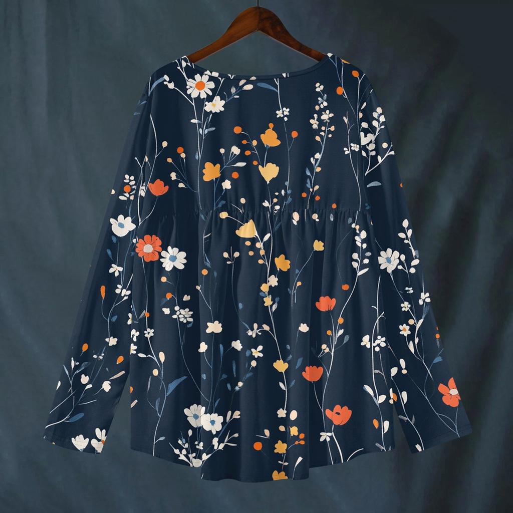 Women's Fashionable And Casual Shirt Long-sleeved V-neck Print Cotton And Linen Blouse