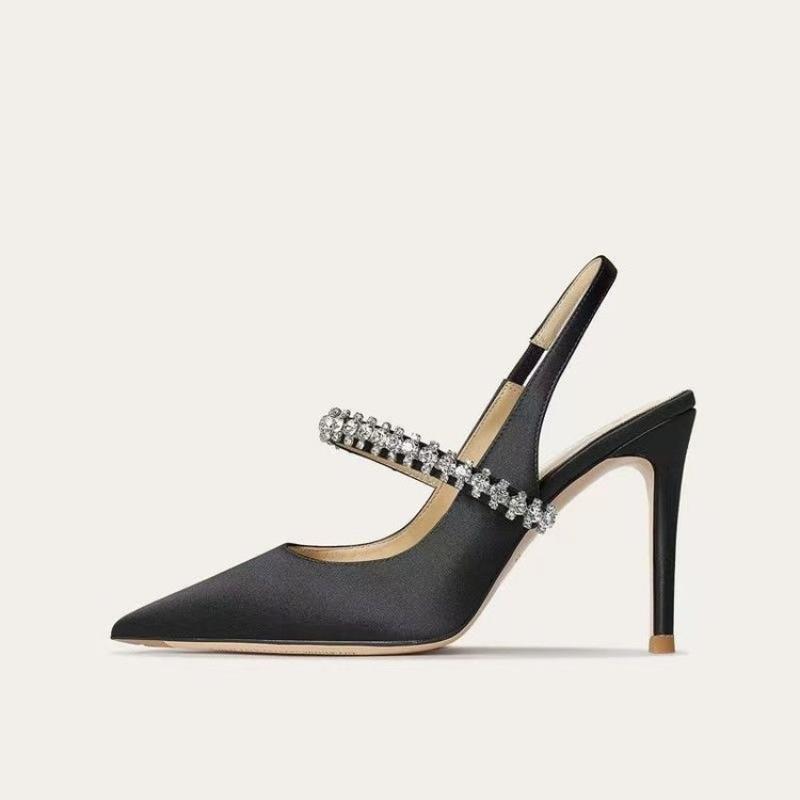 Fashion Silk Luxury Sexy Pointed Toe High Heels Womens Elegant Rhinestone Party Dress Ladies Brand Pumps Mules Sandals Zapatos De Mujer