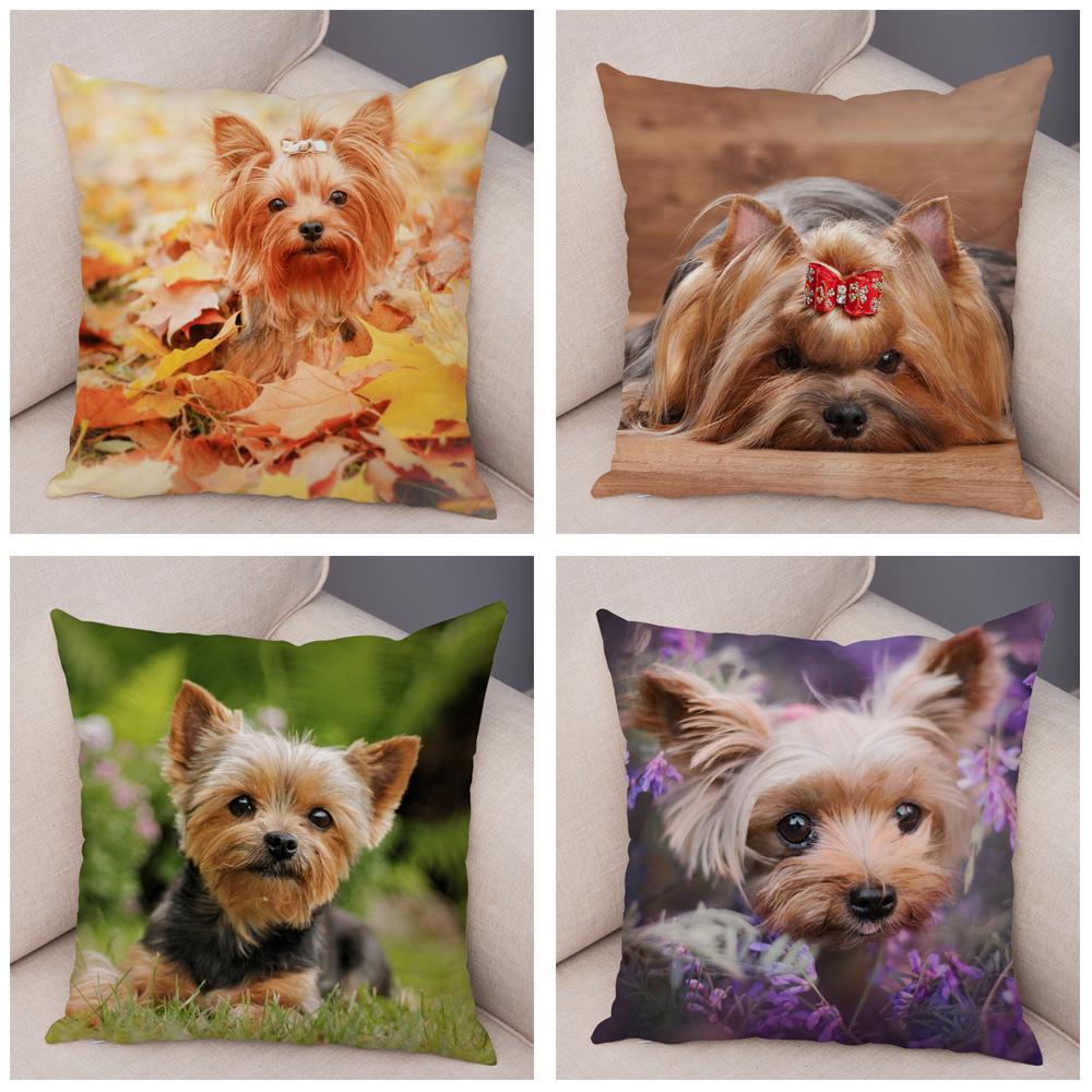 Cute Pet Animal Cushion Cover MINI Yorkshire Dog Polyester Pillowcase Decorative  Print  for Sofa Home Ca
